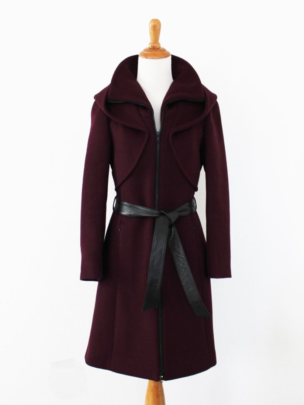 Soia & Kyo 'Arya' Merlot Red Wool Zip Coat Jacket w/ Oversized Collar & Hood, XS